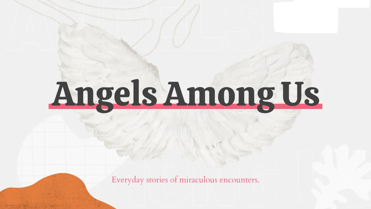 Church Canva template for "Angels Among Us" sermon series featuring angel wings, bold typography, and a subtitle about everyday miraculous encounters.